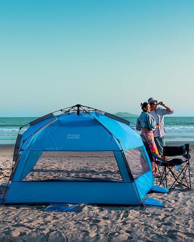 OutdoorMaster Beach Tent for 3-4 Person - Easy Setup and Portable Beach Shade Sun Shelter Canopy with UPF 50+ UV Protection Removable Skylight Family Size