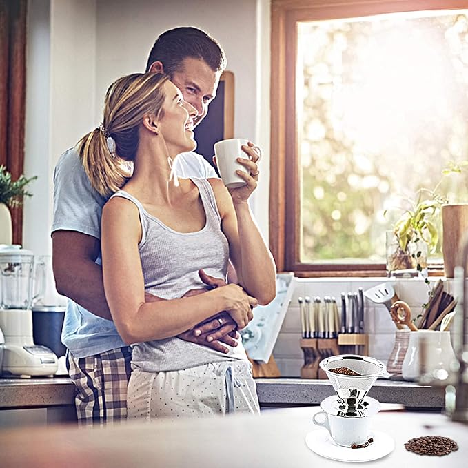 Pour Over Coffee Dripper, Paperless Reusable Coffee Filter, Pour Over Coffee Maker for Single Cup Brew, Double Mesh Design of Stainless Steel Cone Filter for Perfect Extraction (1-2 Cup)