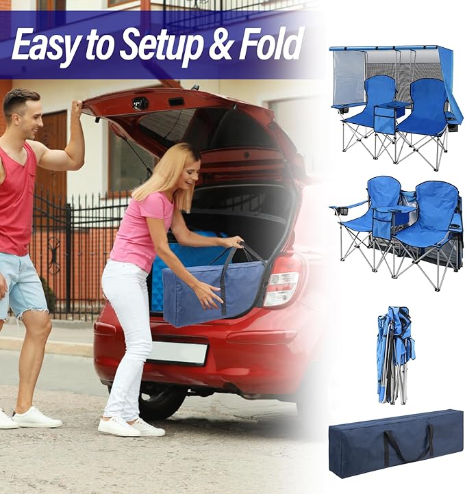 ptlsy Double Camping Chair with Canopy, Folding Two-Person Seat, Portable Outdoor Loveseat with Shade, Folding Chairs for Beach, Lawn, and Outdoor Activities (Blue)