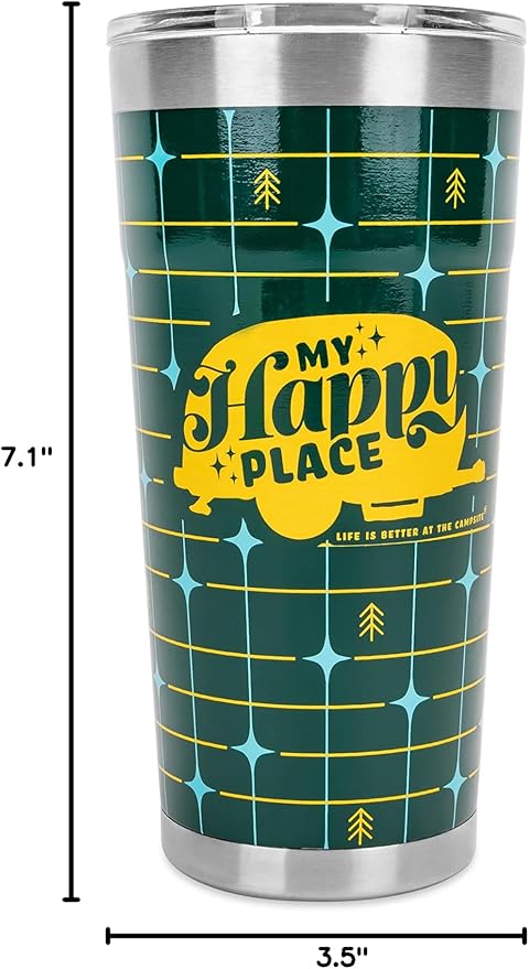 Camco Life is Better at The Campsite Tumbler | Heavy Duty Double Wall Vacuum Insulation | Crafted of 18/8 Stainless Steel | Unique “My Happy Place” Text w/Yellow Retro RV Design | 20-oz (53325)