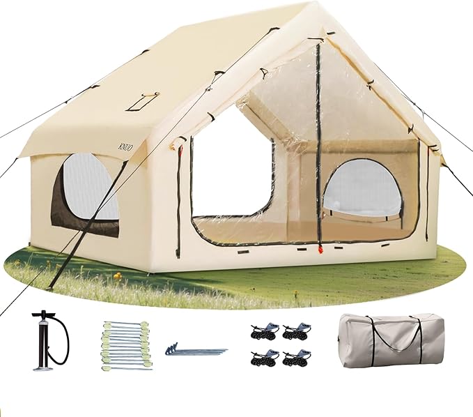 2025 Upgraded 100% Waterproof Inflatable Camping Tent, Large Blow-Up Air Tent, No Assembly Needed Luxury Glamping House, Oxford Fabric