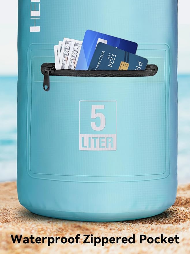 HEETA Waterproof Dry Bag with Front Zippered Pocket for Women Men, 5L/10L/20L/30L/40L Roll Top Lightweight Dry Storage Bag Backpack for Travel, Kayaking, Boating, Rafting, Camping, Hiking & Beach