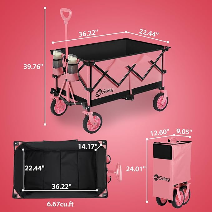 Sekey 220L Collapsible Foldable Wagon with 330lbs Weight Capacity, Heavy Duty Folding Wagon Cart with Big All-Terrain Wheels & Drink Holders (Black&Pink)