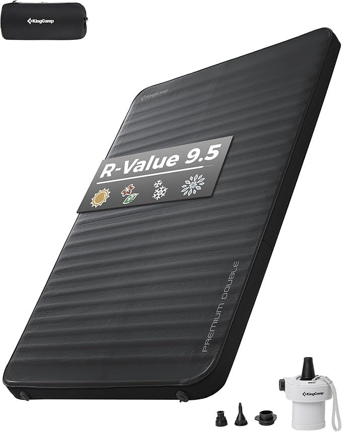 KingCamp Double Sleeping Pad, 2 Person Queen R 7.9 Self Inflating Sleeping Pad, 3" Thick Full Size Foam Mattress Mat with Air Pump for Outdoor Camping Tent Car, PVC Free (Black)