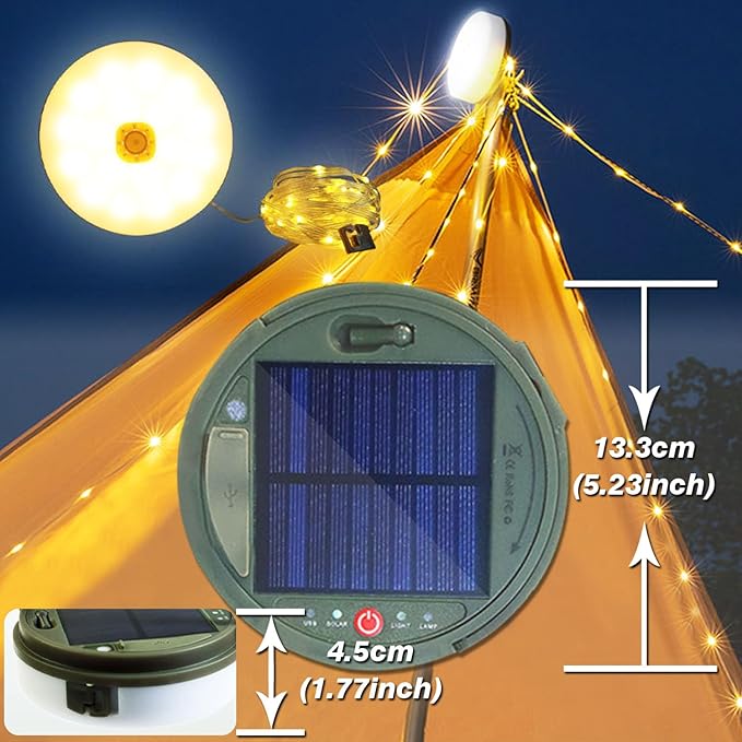 Solar Retractable Camping String Lights Reel 39 FT, Portable 3600mAh Rechargeable Strip Light with Remote Control Timer, Waterproof Tent Lantern for Hiking Awning Party Festival Decor (Warm White)