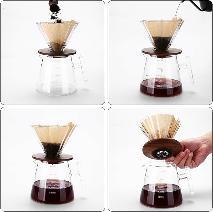 Pour Over Coffee Maker, 20 oz Borosilicate Glass Set with 100 pcs Paper Filter, Walnut Collar & Glass Lid, Drip Coffee Maker, 1-3 Cups, Clear, 600 ml(glass handle)