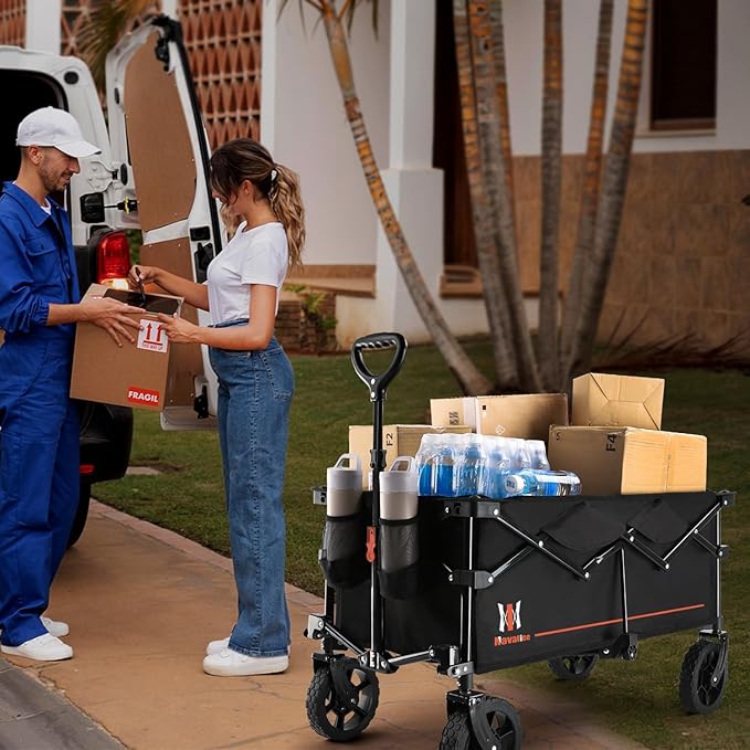 Navatiee 140L Collapsible Folding Wagon, Large Capacity Foldable Wagon with Silent All-Terrain Wheels, Utility Grocery Cart for Camping Shopping Outdoor, Black