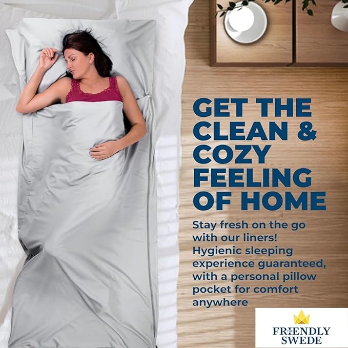 The Friendly Swede Sleeping Bag Liner — Ultralight Polyester or Cold Weather Microfiber Adult Sleep Sack; Thin Travel Sheets for Hotel; Camping Sheets; Travel Sleeping Bag with Pocket-Size Stuff Sack