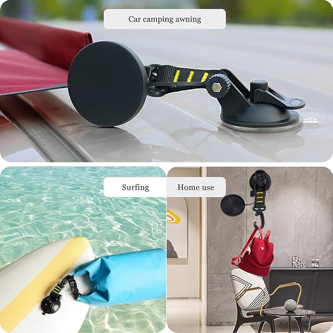 CONBOLA Suction Cups Hooks 4 Pieces Outdoor Car Camping Essentials Heavy Duty Upgraded Tie Down Suction Cup,Camper Accessories Strong Power for RV Boat Window Glass Camping Trap.(4 pcs,Yellow)