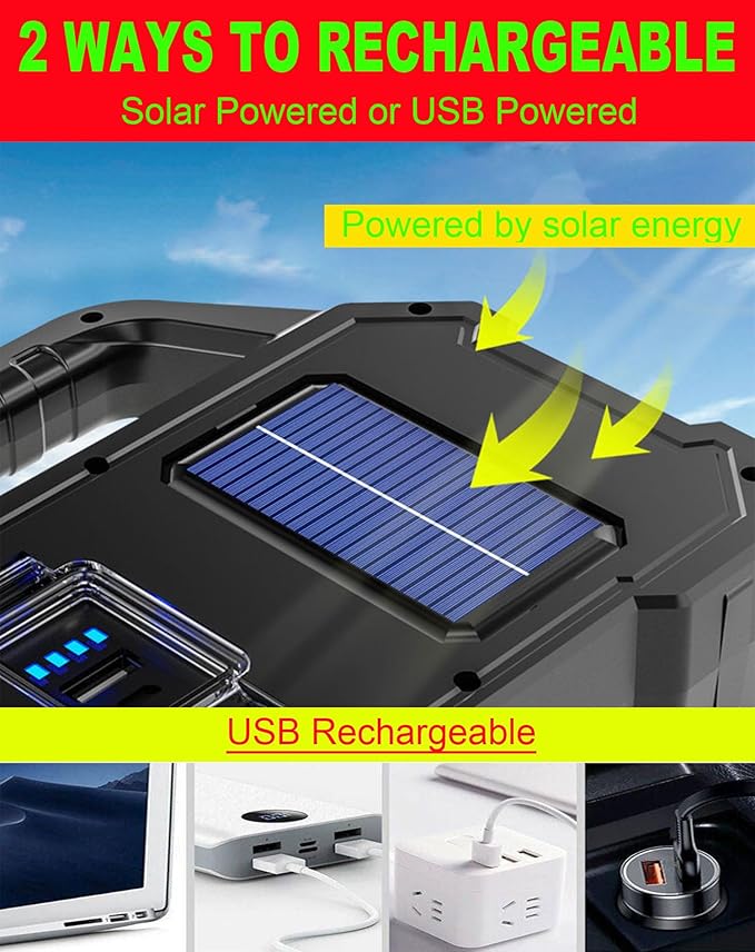Solar Rechargeable LED Spotlight Flashlight, Super Bright 6000LM Handheld LED Searchlight, Multi-functional Portable Lamp Camping Lantern Flashlight, 6 Light Modes, Power Bank, IPX4 Waterproof