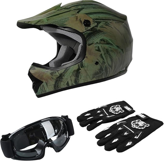 TCT-MOTORPARTS DOT Youth Kids Motocross ATV Helmets Offroad Street Dirt Bike Go-Kart BMX MX Full Face Helmet Forest Large Size