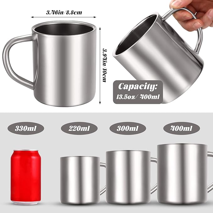 Cunhill 4 Set 13.5oz/400ml Stainless Steel Coffee Mug with Handle Metal Double Walled Cups Camping Mug Dishwasher Safe Tea Cups for Home Camping Travel Outdoors RV Keep Drinks Hot