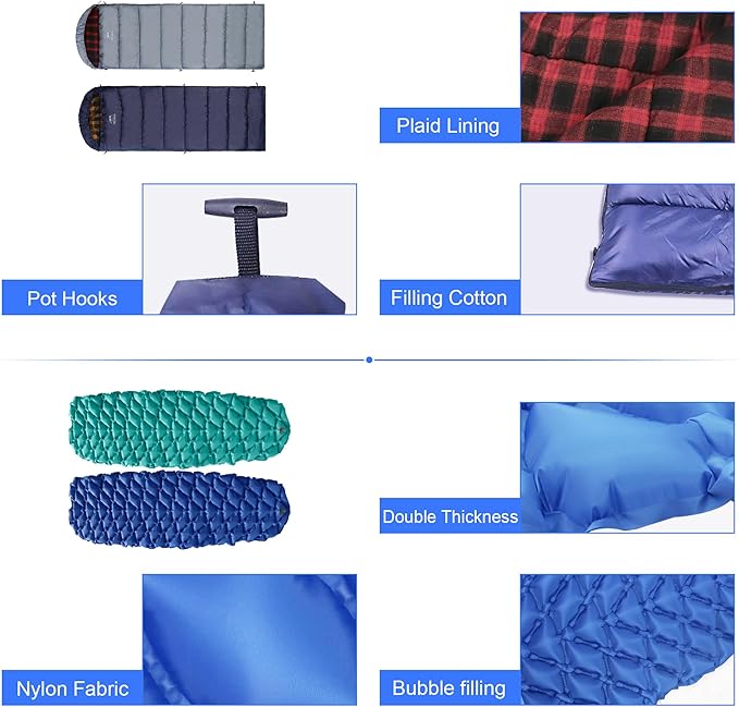 9 Pcs Camping Set,Include 1 Camp Tent,2 Sleeping Bag,2 Sleeping Pad/Camping Mat,2 Single Camping Hammock with 2 Tree Straps,2 Lightweight Bed Blanket for Family Outdoor Activities