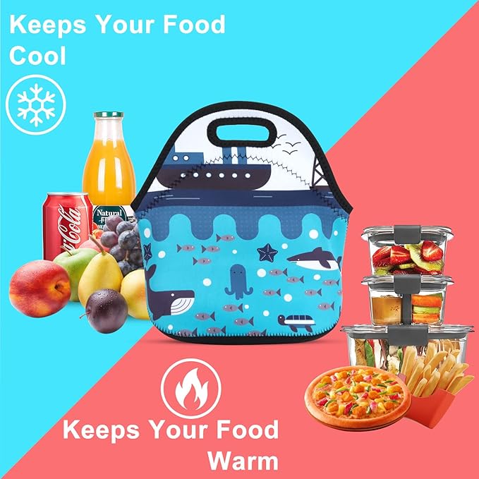 Violet Mist Cute Neoprene Lunch Bag, 11.42"L x 10.43"H x 5.51"W, Anmie Shark Cartoon Print, Lightweight, Eco-Friendly, Reusable, Thermal Insulated, Container for Outdoor Activities