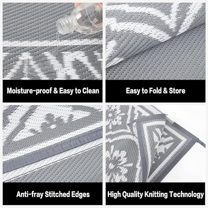 Outdoor Rug 8x10 Patio Waterproof Mat Camping Carpet Outside Area Rug Reversible Grey Rugs for RV Deck Entryance Porch Picnic Balcony Beach