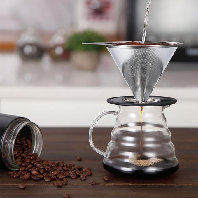 LHS Pour Over Coffee Dripper Stainless Steel Coffee Filter Metal Cone Filter Paperless Reusable Coffee Filter Single Cup Coffee Maker 1-4 Cup With Non-slip Cup Stand and Cleaning Brush