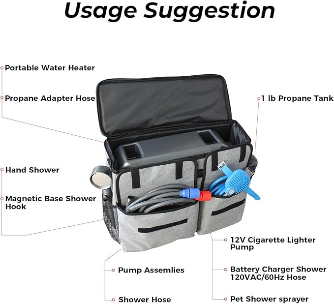 FOGATTI Camping Shower Tent with InstaShower GO Portable Water Heater and Carrying Bag
