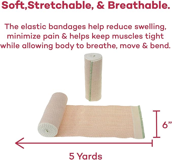 Dealmed 6" Elastic Bandage Wrap with Self-Closure – 2 Elastic Bandages, 5 Yards Stretched Compression Bandage Wrap, Wound Care Product for First Aid Kit and Medical Facilities