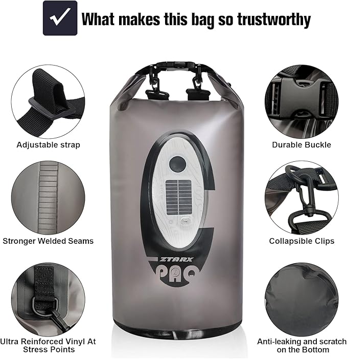 Dry Bag Waterproof with Solar Bluetooth Speaker & Light - 10L/20L Roll Top Dry Sack Keeps Gear Dry for Men Women Kayaking, Beach, Rafting, Boating, Hiking, Camping and Fishing