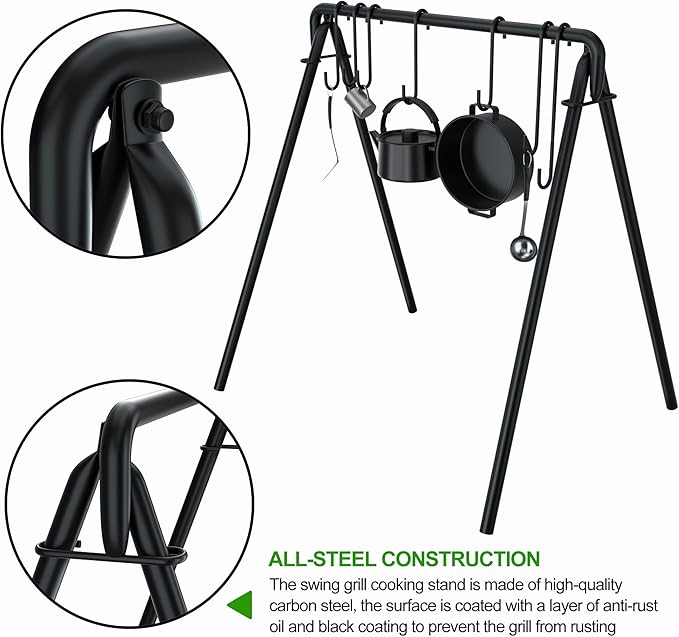 38" Grill Swing Large Campfire Grill Stand w/6 Hooks Cast Iron BBQ Grill Campfire Cooking Stand Cookware Hanging Rack Outdoor Picnic Camping Bonfire Party Barbecue Set for Cookware & Dutch Oven