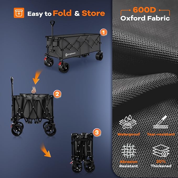 48" L Collapsible Wagon Cart Foldable, 560LB Weight Capacity 300L Heavy Duty Folding Beach Wagons with Big All-Terrain Wheels, Utility Carts for Groceries, Shopping, Camping, Sports - Grey