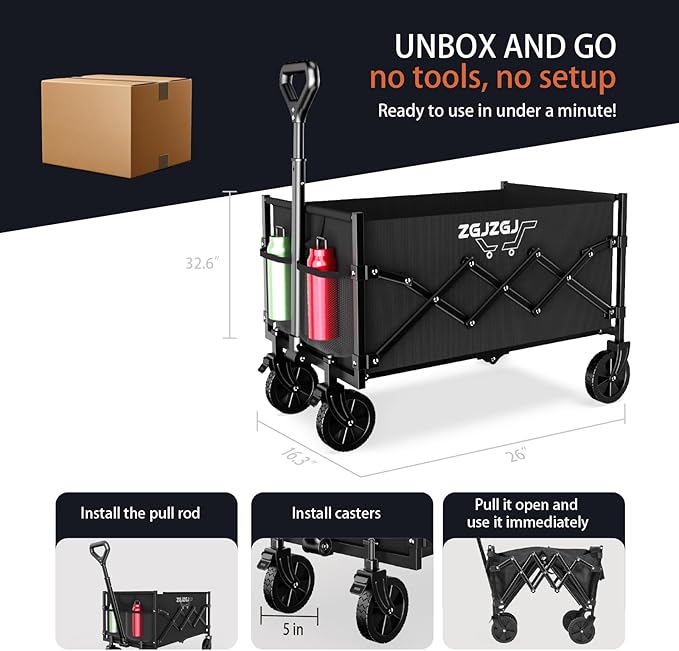 Collapsible Wagon with Wheels, 380LBS Heavy Duty Folding Utility Cart with Wheels for Shopping, Garden Work, Cargo Transport, Easy Storage and Maneuver