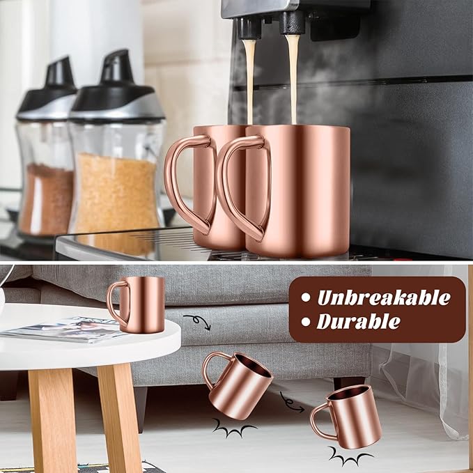 Cunhill 4 Set 7.5oz/220ml Stainless Steel Coffee Mug with Handle Metal Double Walled Cups Camping Mug Dishwasher Safe Tea Cups for Home Travel Camping Outdoors Rv Keep Drinks Hot (Rose Gold)