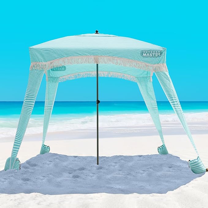 OutdoorMaster Beach Cabana with Fringes, Portable 6' x 6' Beach Canopy for Sand, Easy Set Up Sun Shelter, Included Side Wall, UPF 50+ UV Protection Sun Umbrella - for Family & Friends -Light Green