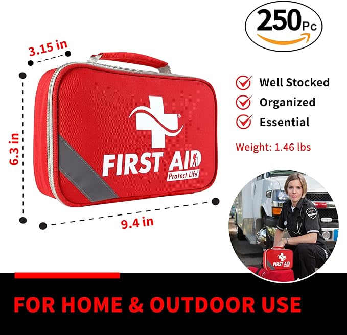 Protect Life First Aid Kit for Home/Business, HSA/FSA Eligible Emergency Kit - Medical First Aid Kit - Camping First Aid Kit Hiking - 250pcs