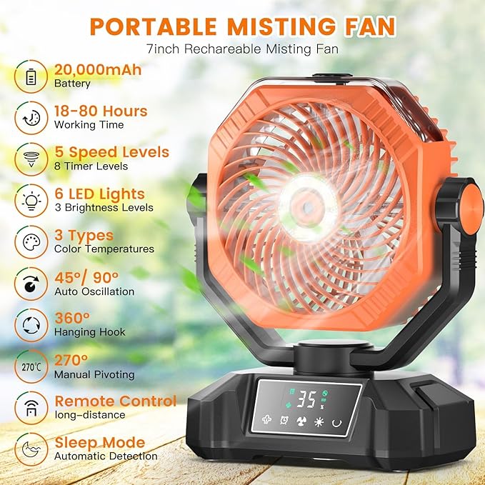Camping Misting Fan Rechargeable - 20000mAh Portable Mist Fan For Tents With LED Lantern Light, Auto Oscillating With Remote For Outdoor, Battery Operated With Timer 5 Speeds(Orange)