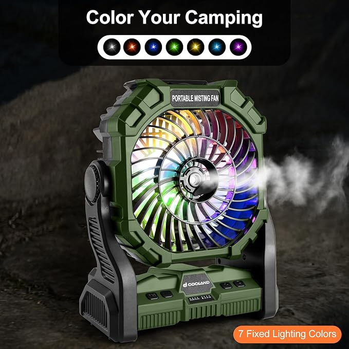 Odoland Portable Misting Fan with LED Light, 10000mAh Battery Operated Rechargeable Camping Mister Fan with 250mL Water Tank and Hook, Outdoor Tent Cooling Mist Fans for Patios Beach Home, Green