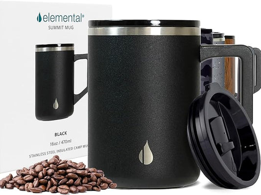 Elemental Insulated Coffee Mug - Triple-Wall Stainless Steel Summit Travel Cup for Hot and Cold Drinks - Thermal Coffee Mug with Lid and Handle for Camping, Office & Travel 16oz - Black