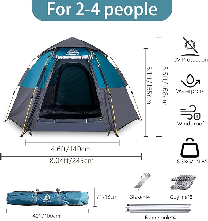 Hewolf 2/3/4 Person Camping Tent - Instant Pop Up Waterproof 2 Doors Tent with Easy Setup | 3-Season Hexagonal Dome Design for Family, Hiking & Traveling