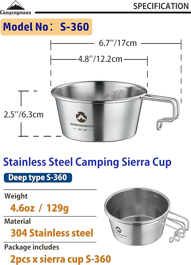 CAMPINGMOON 2pcs Set Stainless Steel Deep Type Camping Sierra Cup 450ml S-360