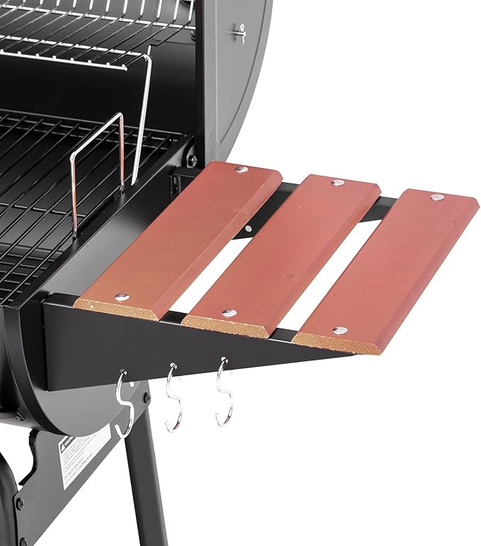 Royal Gourmet CC1830V 30 Barrel Charcoal Grill with Wood-Painted Side Front Table, 627 Square Inches Cooking Space, for Outdoor Backyard, Patio and Parties, Black