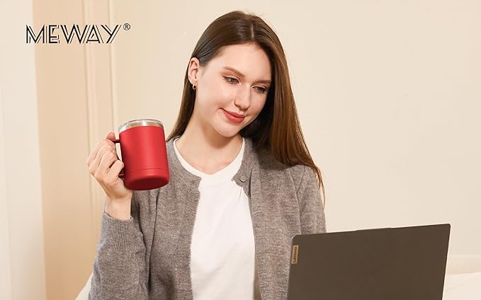 MEWAY 12oz Coffee Mug With Handle and Sliding Lid,Stainless Steel Travel Tumbler Cup with Handle,Double Wall Vacuum Insulated Camping Cup for Hot & Cold Drinks Tea (Red,Set of 1)
