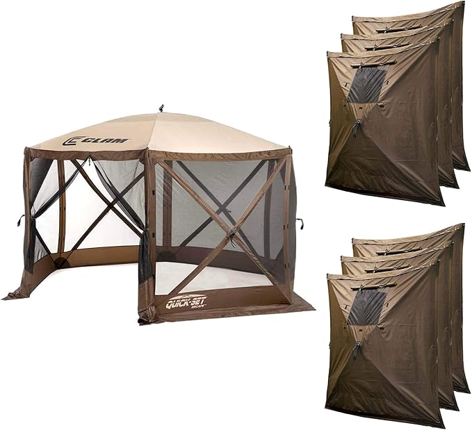 CLAM Pop Up Screen Tent & Shelter, Outdoor Camping Gazebo w/ 6 Wind Panels, 11.5', Brown