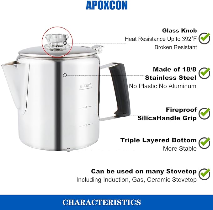 Multi Use Percolator Coffee Pot Stainless Steel Stove Top Coffee Maker with Two Tough Borosilicate Glass Knob Silica Handle Camping Coffee Pot Using on Campfire Stove & Induction Cooker Silver 6 Cup