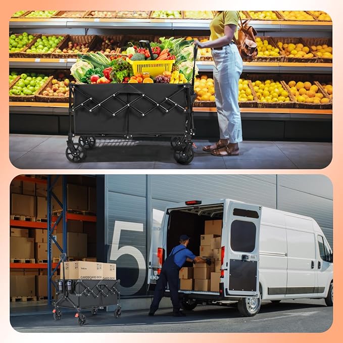 220L Collapsible Foldable Wagon Cart with 360LB Capacity - Heavy Duty Utility Cart for Camping, Groceries, Gardening, Shopping - 360° Wheels, Flexible Handle, and Cup Holders