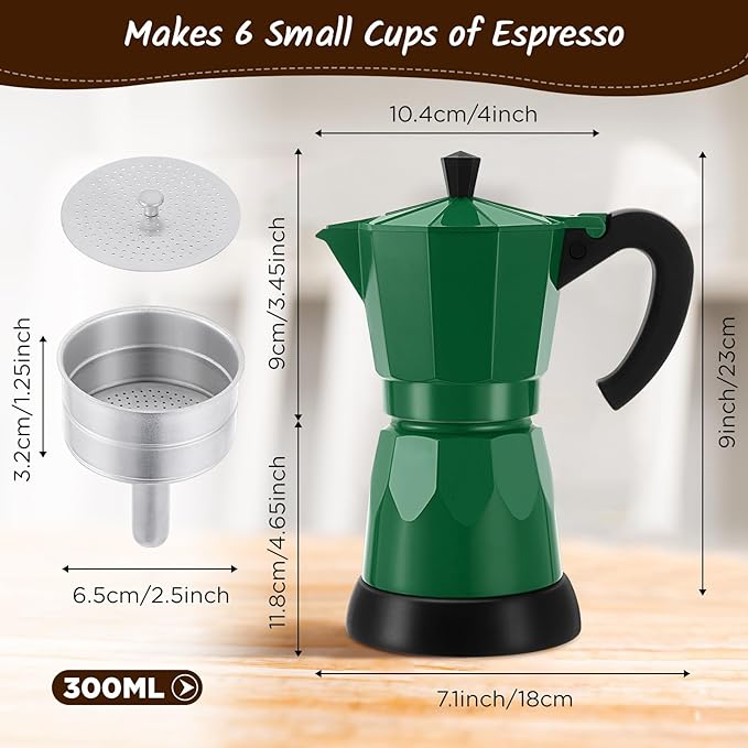 Coffee Pot 6 Cup Electric Espresso Coffee Maker Italian Moka Maker 300ml Portable Aluminum Espresso Machine Cafetera Moka Pot with Detachable Base, Gift for Home Travel(Dark Green)
