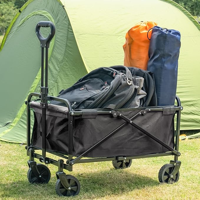 Collapsible Wagon Cart Heavy Duty Foldable, Large Capacity Foldable Grocery Beach Wagon for Camping Sports Shopping, Black