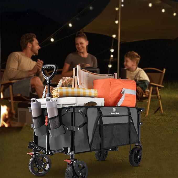 Navatiee Collapsible Folding Wagon, Heavy Duty Utility Beach Wagon Cart with Side Pocket and Brakes, Large Capacity Foldable Grocery Wagon for Garden Sports Outdoor Use, S1, Gray