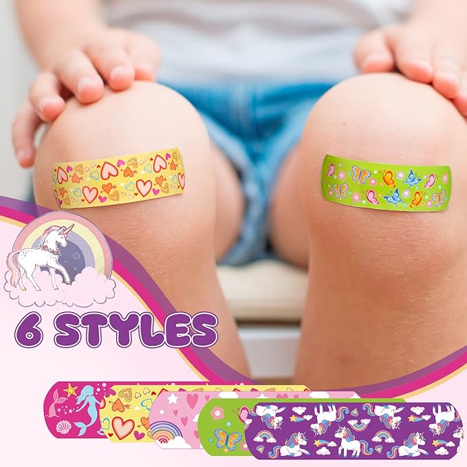 420 Pieces 6 Styles Cute Cartoon Bandages Knuckle Repair Tape Colorful First Aid Kit for Kids PE Fabric Adhesive Waterproof Breathable Bandages for Children Travel Cuts Scrapes Wounds (Cute)