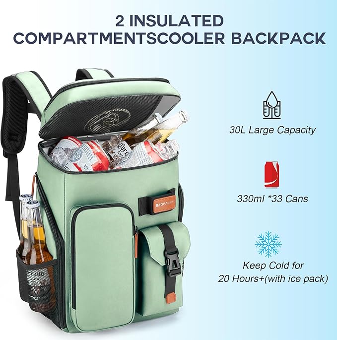Insulated Cooler Backpack,33 Cans Multifunctional Double Deck Leakproof Cooler Bag with Sternum Strap,Large Capacity Lightweight Travel Camping Beach Backpack
