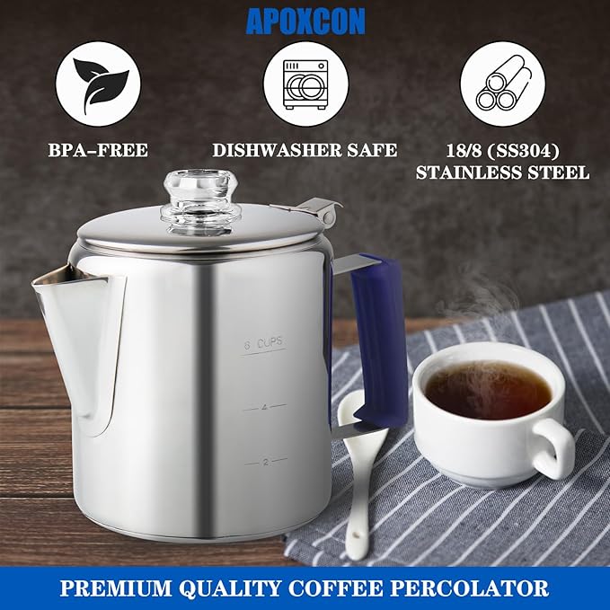 Multi Use Percolator Coffee Pot Stainless Steel Stove Top Coffee Maker with Two Tough Borosilicate Glass Knob Silica Handle Camping Coffee Pot Using on Campfire Stove & Induction Cooker Silver 6 Cup