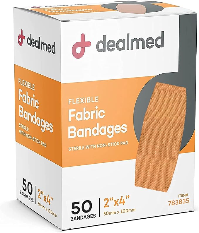 Dealmed Fabric Flexible Adhesive Bandages – 50 Count (1 Pack) Bandages with Non-Stick Pad, Latex Free, Wound Care for First Aid Kit, 2" x 4"