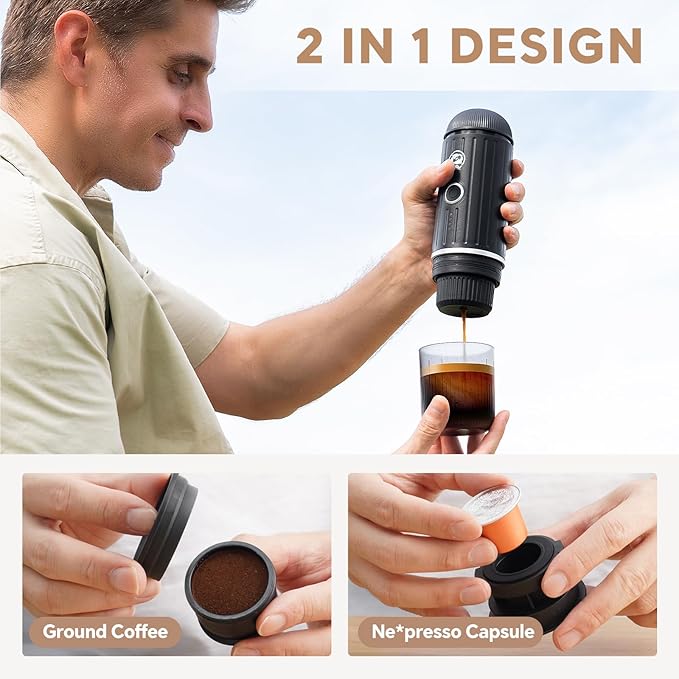Rich Crema Portable Electric Espresso Coffee Maker, Fast self-heating 2 IN 1 Extraction System Espresso Machine,Support Ground Coffee and NS capsule, for Travel,Car,Hiking,Climbing(Black)