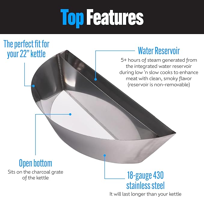 SnS Grills Patented Slow ‘N Sear Original Insert - Stainless Steel Charcoal Basket with Built-In Water Reservoir for Low ‘N Slow Smoking & Charcoal Grilling for Weber & Other Kettle Grills - 22 in
