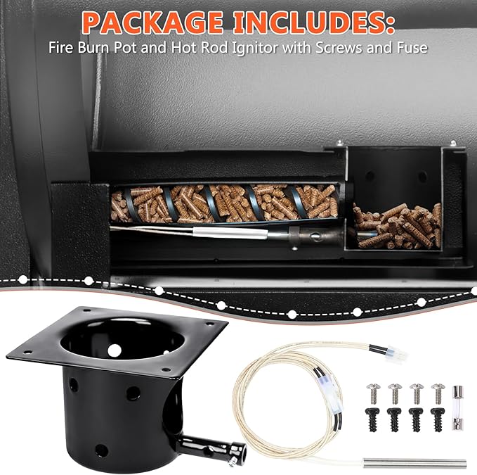 Fire Burn Pot and D2 Hot Rod Ignitor Kit for Traeger Pro 575 & 780, Ironwood 650 & 885, Silverton 620 & 810 Wood Pellet Grills with D2 Direct Drive and WiFIRE Technology, Porcelain-Enameled Fire Pit