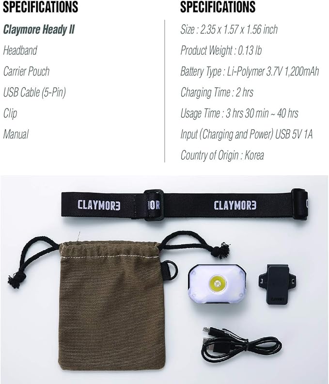Claymore Heady2 (Black) - Rechargeable LED Headlamp Flashlight, Lightweight for Camping, Running, Hiking, Emergency & Industrial Use. USB-C Charging, Up to 40 Hours Battery Life, Waterproof.